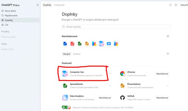 ChatGPT Práca — kde zapnúť doplnok Computer Use